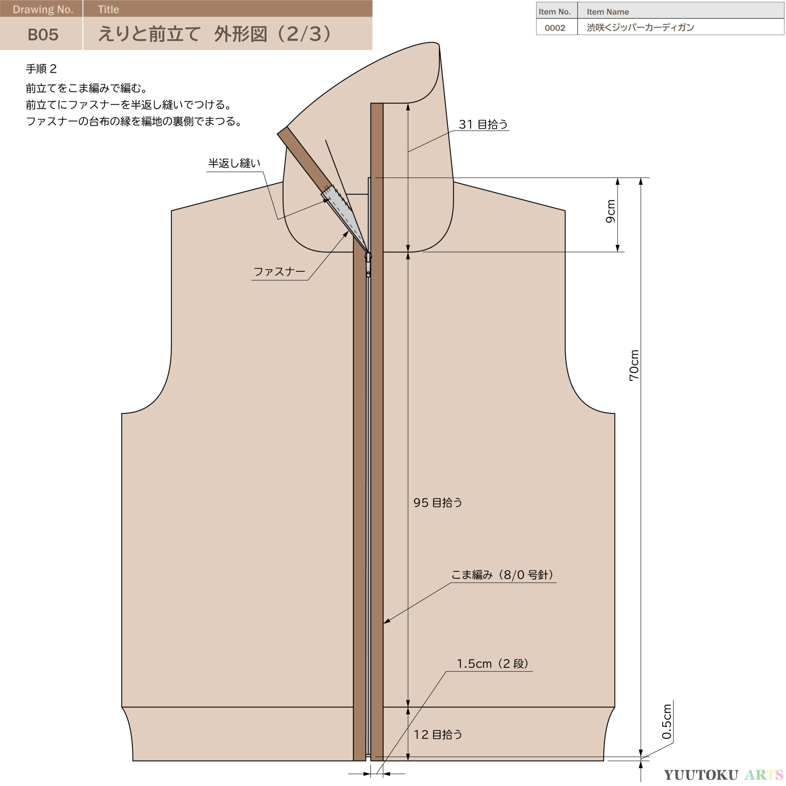 メンズカーディガンの編み図。えりと前立て。