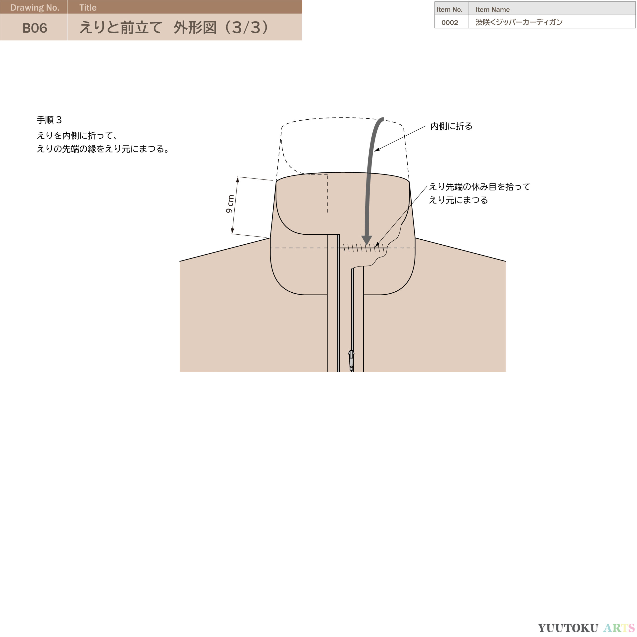 メンズカーディガンの編み図。えりと前立て。